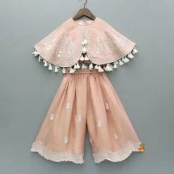 Online Peach Embroidered And Embellished Cape Attached Top With Flared Palazzo Ethnic Wear | Palazzos & Shararas