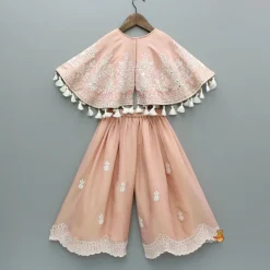 Online Peach Embroidered And Embellished Cape Attached Top With Flared Palazzo Ethnic Wear | Palazzos & Shararas