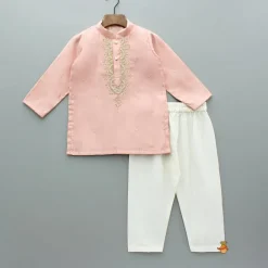 Hot Peach Embroidered Kurta And Pyjama BOY Indian Ethnic Wear | Ethnic Sets