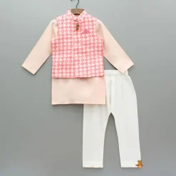 Hot Peach Embroidered Kurta With Printed Jacket And Pyjama BOY Indian Ethnic Wear | Ethnic Sets