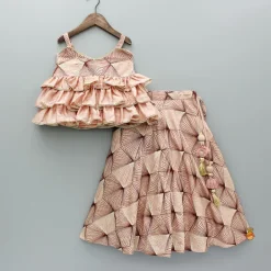 Outlet Peach Embroidered Strappy Ruffle Layered Top and Lehenga Ethnic Wear | Lehengas & Ghagras