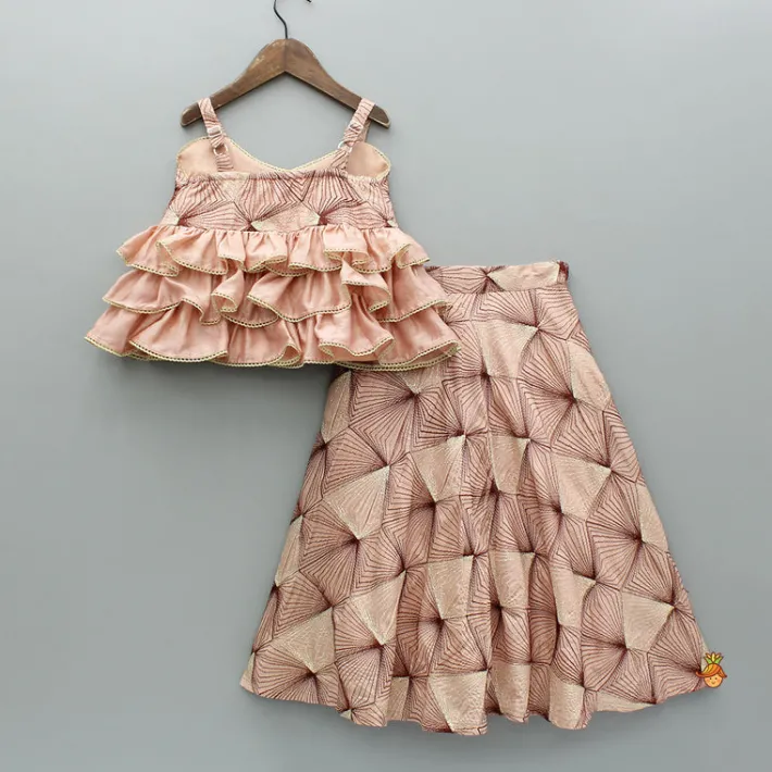 Outlet Peach Embroidered Strappy Ruffle Layered Top and Lehenga Ethnic Wear | Lehengas & Ghagras