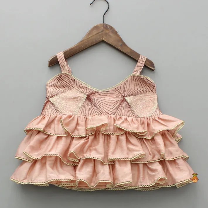 Outlet Peach Embroidered Strappy Ruffle Layered Top and Lehenga Ethnic Wear | Lehengas & Ghagras