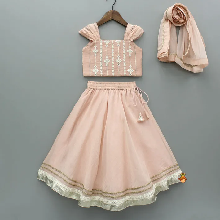 Sale Peach Faux Mirror Embroidered Top And Lehenga With Dupatta Ethnic Wear | Lehengas & Ghagras