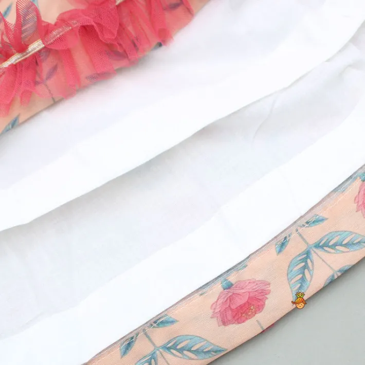 Online Peach Floral Printed Crop Top With Lehenga And Net Dupatta Twinning Sets | Ethnic Wear
