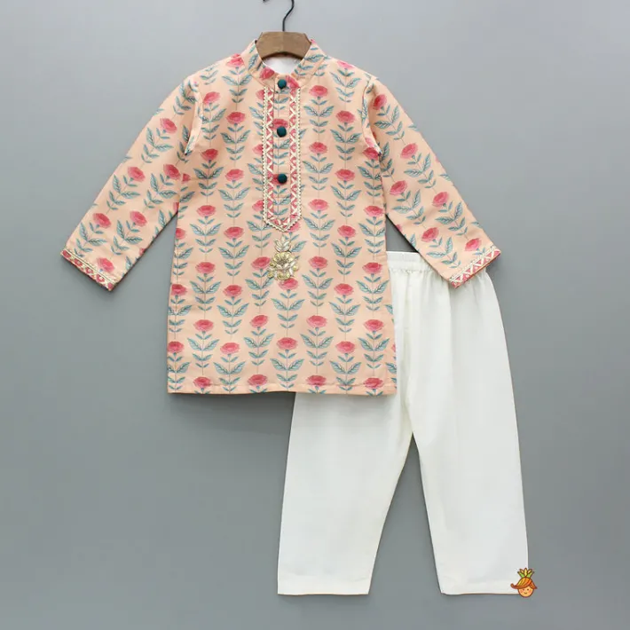 Clearance Peach Floral Printed Kurta With Pyjama BOY Twinning Sets | Indian Ethnic Wear
