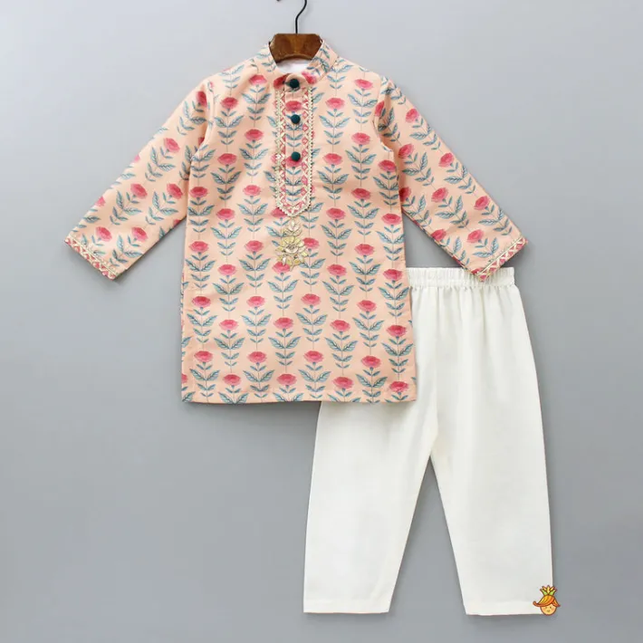 Online Peach Floral Printed Kurta With Pyjama BOY Indian Ethnic Wear | Ethnic Sets
