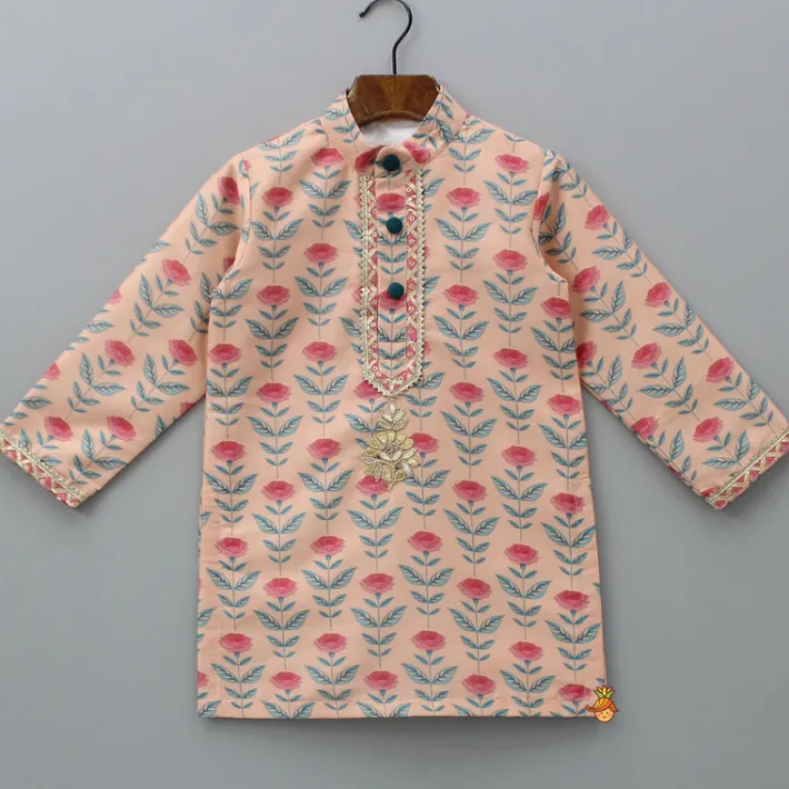 Online Peach Floral Printed Kurta With Pyjama BOY Indian Ethnic Wear | Ethnic Sets