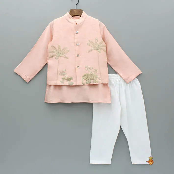 Best Peach Kurta And Jungle Theme Embroidered Jacket With Pyjama BOY Indian Ethnic Wear | Ethnic Sets