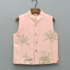 Best Peach Kurta And Jungle Theme Embroidered Jacket With Pyjama BOY Indian Ethnic Wear | Ethnic Sets