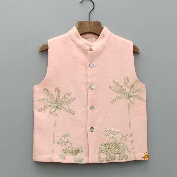 Best Peach Kurta And Jungle Theme Embroidered Jacket With Pyjama BOY Indian Ethnic Wear | Ethnic Sets