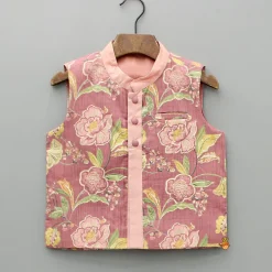 Fashion Peach Kurta And Printed Jacket With Pyjama BOY Twinning Sets | Indian Ethnic Wear