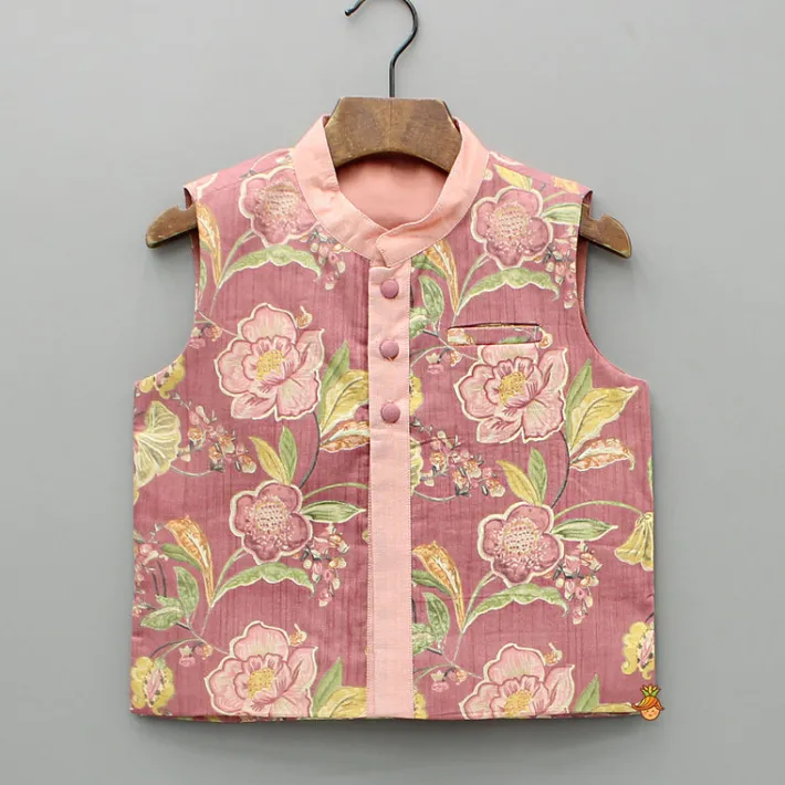 Fashion Peach Kurta And Printed Jacket With Pyjama BOY Twinning Sets | Indian Ethnic Wear