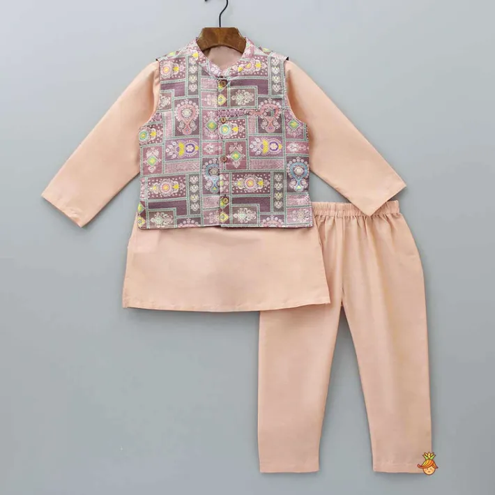 Online Peach Kurta With Brocade Multicolour Jacket And Pyjama BOY Indian Ethnic Wear | Ethnic Sets