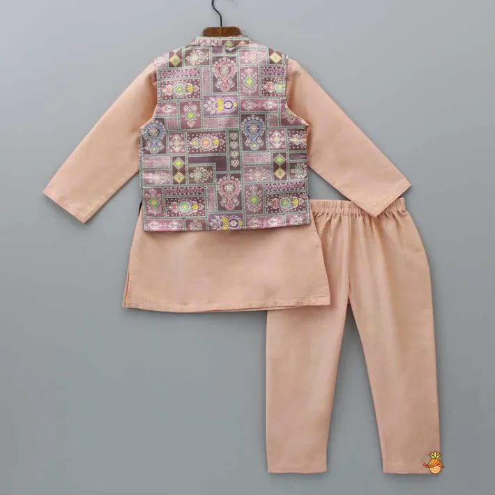 Online Peach Kurta With Brocade Multicolour Jacket And Pyjama BOY Indian Ethnic Wear | Ethnic Sets