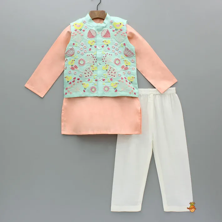 Outlet Peach Kurta With Embroidered Multicolor Jacket And Pyjama BOY Indian Ethnic Wear | Ethnic Sets