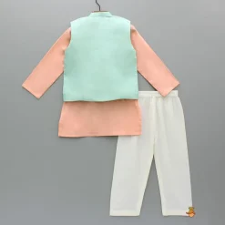 Outlet Peach Kurta With Embroidered Multicolor Jacket And Pyjama BOY Indian Ethnic Wear | Ethnic Sets
