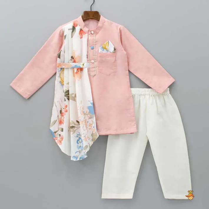 Online Peach Kurta With One Side Printed Panel And Pyjama BOY Twinning Sets | Indian Ethnic Wear
