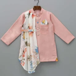 Online Peach Kurta With One Side Printed Panel And Pyjama BOY Twinning Sets | Indian Ethnic Wear