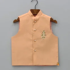 Best Peach Kurta With Zardozi Patch Work Jacket And Churidar BOY Indian Ethnic Wear | Ethnic Sets