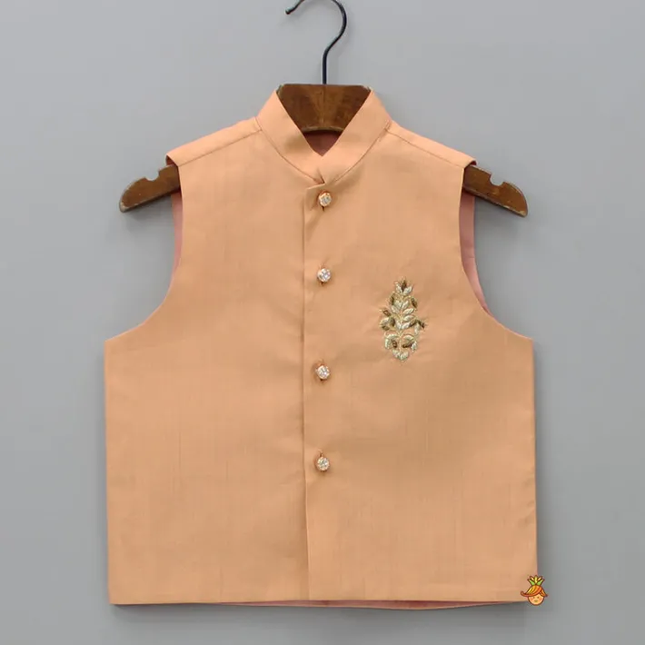 Best Peach Kurta With Zardozi Patch Work Jacket And Churidar BOY Indian Ethnic Wear | Ethnic Sets
