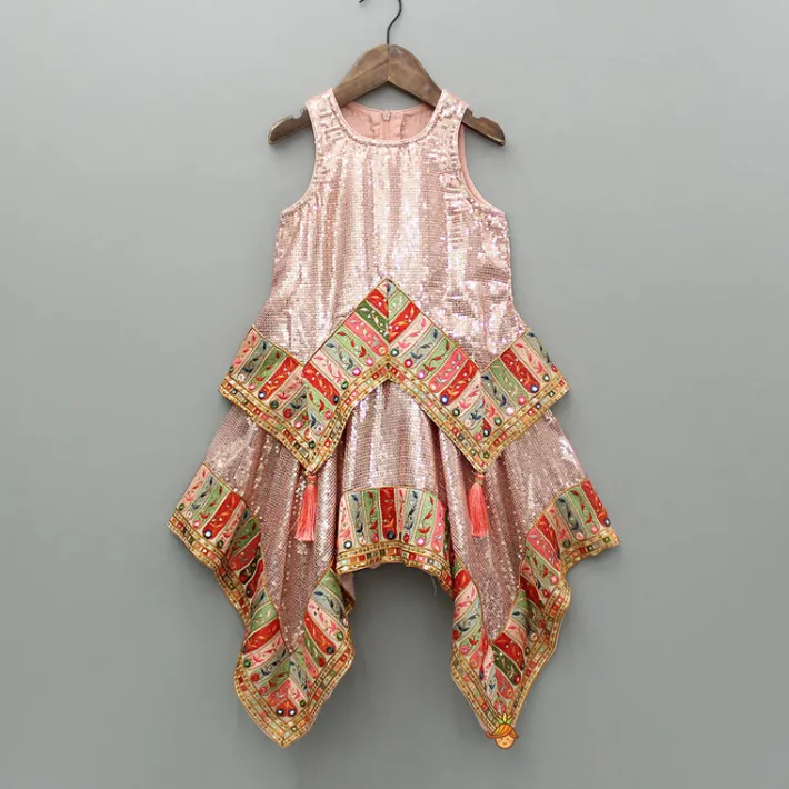Sale Peach Kurti Embellished With Sequins Work And Embroidered Lace Border Ethnic Wear | Kurtis & Jumpsuits