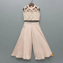 Best Peach Sequin Embroidered Lace Detailed Top And Umbrella Style Flared Palazzo Ethnic Wear | Palazzos & Shararas