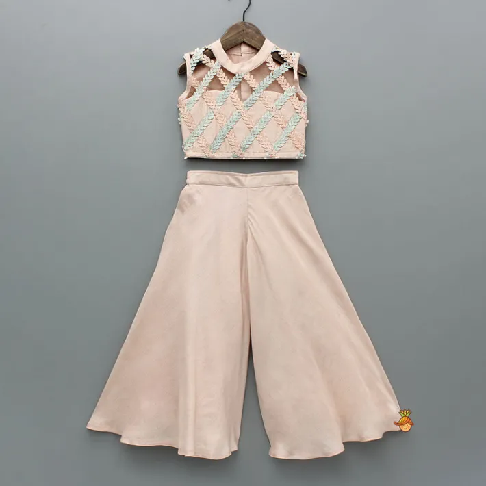 Best Peach Sequin Embroidered Lace Detailed Top And Umbrella Style Flared Palazzo Ethnic Wear | Palazzos & Shararas