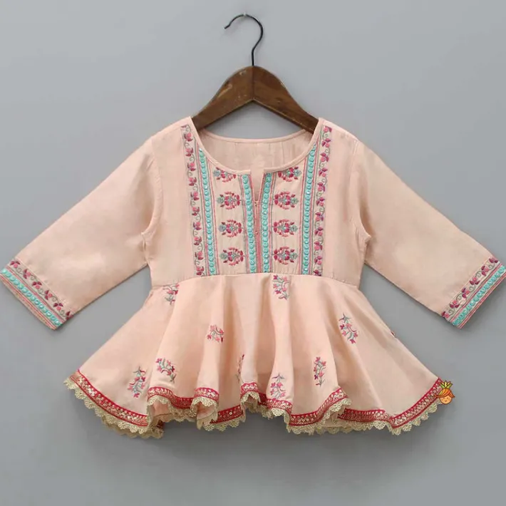Discount Peach Thread Embroidered Top With Pleated Dhoti Ethnic Wear | Dhotis & Patialas
