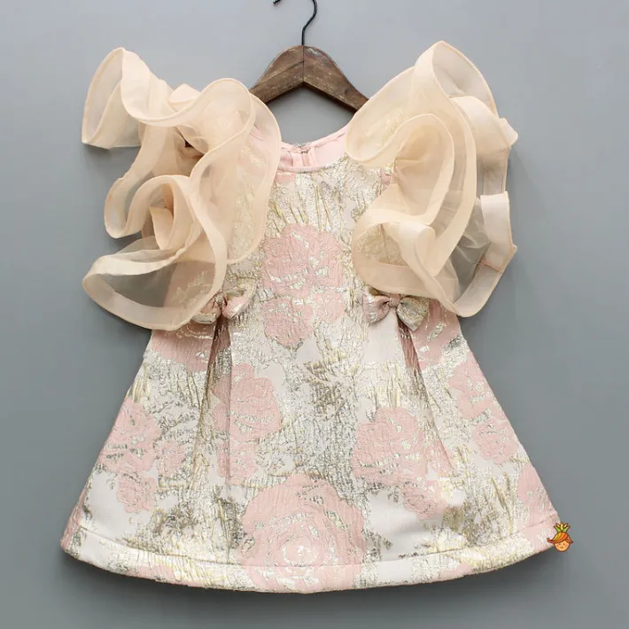 Outlet Peach Zari Brocade Ruffle Sleeves Dress Dresses & Sets | Dresses