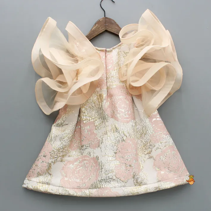 Outlet Peach Zari Brocade Ruffle Sleeves Dress Dresses & Sets | Dresses