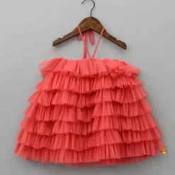 Discount Peachish Pink Backless Net Ruffle Dress Dresses & Sets | Dresses
