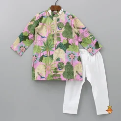 Outlet Peacock Printed Cotton Multicolour Kurta And White Pyjama BOY Indian Ethnic Wear | Ethnic Sets