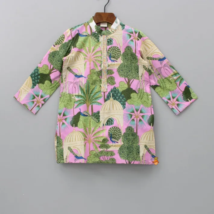 Outlet Peacock Printed Cotton Multicolour Kurta And White Pyjama BOY Indian Ethnic Wear | Ethnic Sets