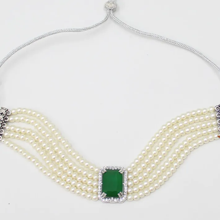 Discount Pearls And Green Stone Studded Choker Necklace And Earrings Jewellery