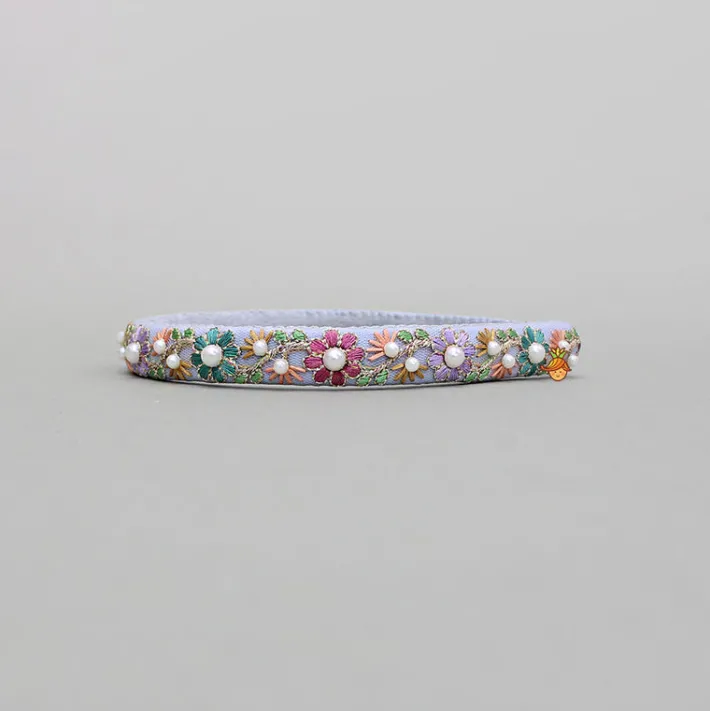 Discount Pearls And Multicolour Thread Embroidered Purple Hairband Hair Accessories | Hair Bands