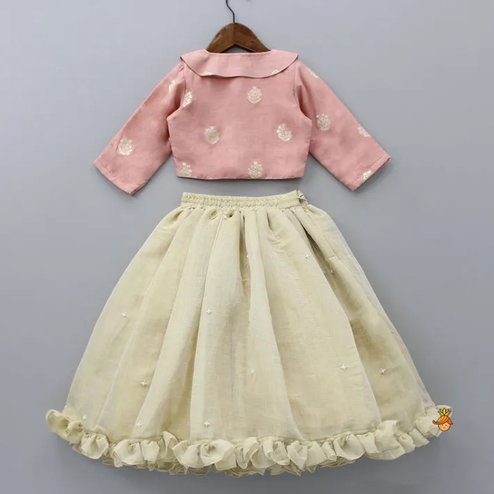 Best Peter Pan Collar Peach Top And Ruffle Hem Lehenga Ethnic Wear | Lehengas & Ghagras