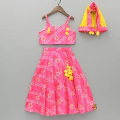 Clearance Pink Bandhani Printed Top And Lehenga With Dupatta Ethnic Wear | Lehengas & Ghagras