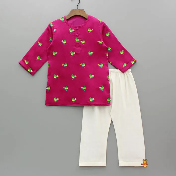 Hot Pink Bird Embroidered Kurta And Pyjama BOY Twinning Sets | Indian Ethnic Wear