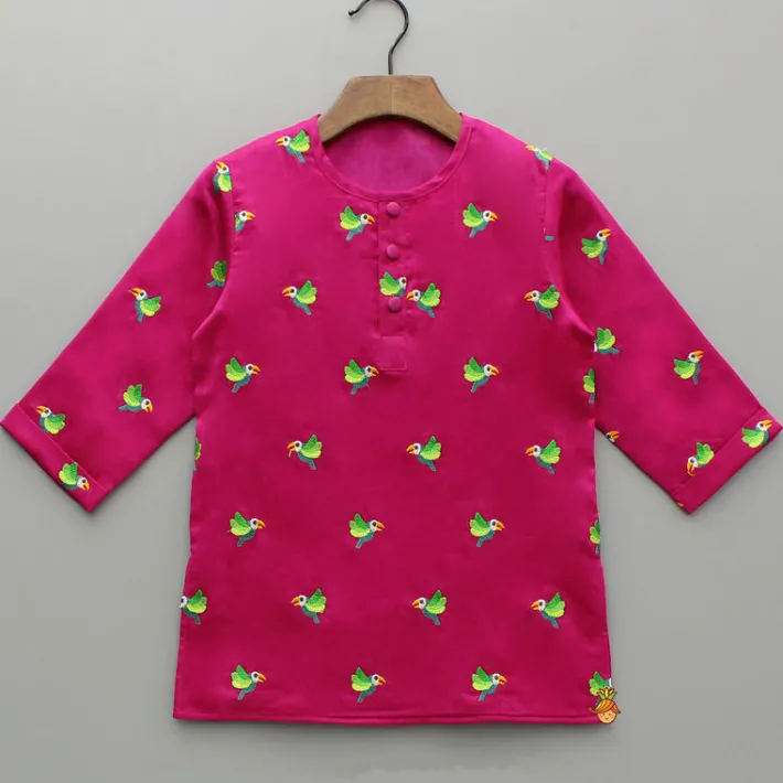 Hot Pink Bird Embroidered Kurta And Pyjama BOY Twinning Sets | Indian Ethnic Wear
