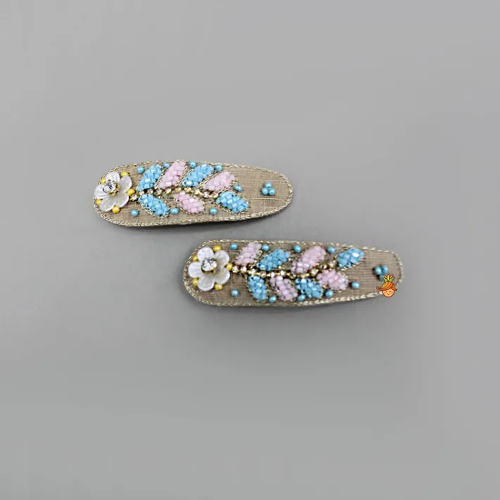 Fashion Pink Blue Embroidered Floral Hair Clips Hair Accessories | Hair Clips