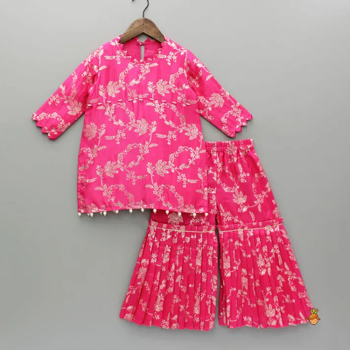 Hot Pink Brocade Embellished Kurti And Sharara Ethnic Wear | Palazzos & Shararas