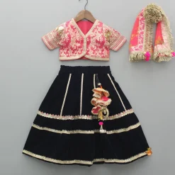 Hot Pink Chanderi Embroidered Top And Velvet Lehenga With Printed Dupatta Ethnic Wear | Lehengas & Ghagras