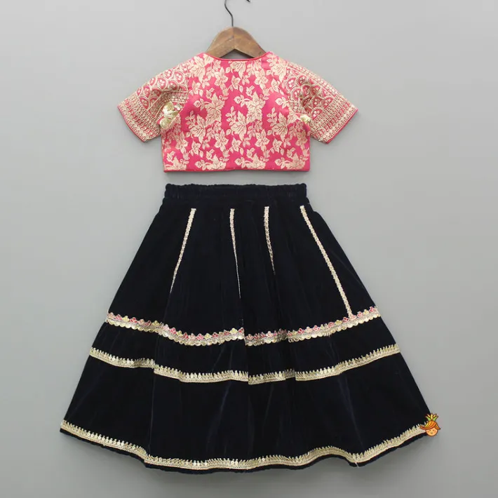 Hot Pink Chanderi Embroidered Top And Velvet Lehenga With Printed Dupatta Ethnic Wear | Lehengas & Ghagras