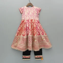 Hot Pink Chanderi Embroidered Long Kurti And Black Velvet Pant Ethnic Wear | Churidars & Salwars