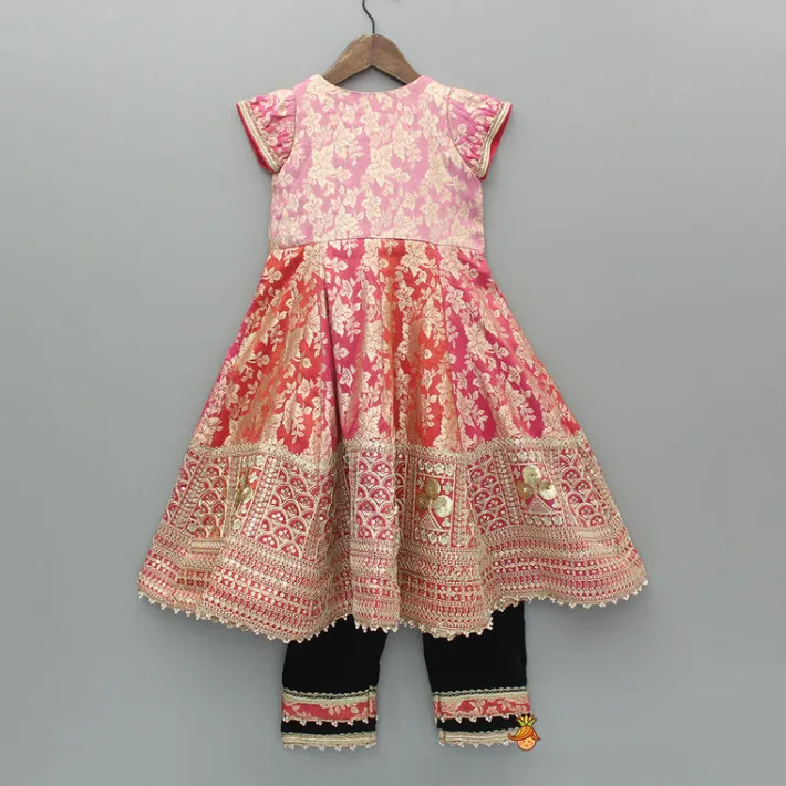 Hot Pink Chanderi Embroidered Long Kurti And Black Velvet Pant Ethnic Wear | Churidars & Salwars