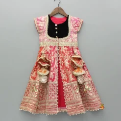 Hot Pink Chanderi Embroidered Long Kurti And Black Velvet Pant Ethnic Wear | Churidars & Salwars