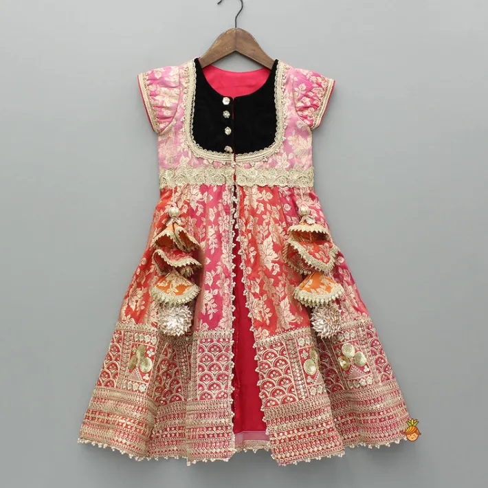 Hot Pink Chanderi Embroidered Long Kurti And Black Velvet Pant Ethnic Wear | Churidars & Salwars