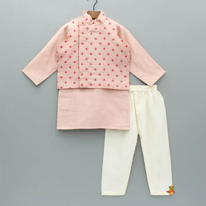 Discount Pink Chanderi Kurta With Stylish Embroidered Jacket And Pyjama BOY Twinning Sets | Indian Ethnic Wear