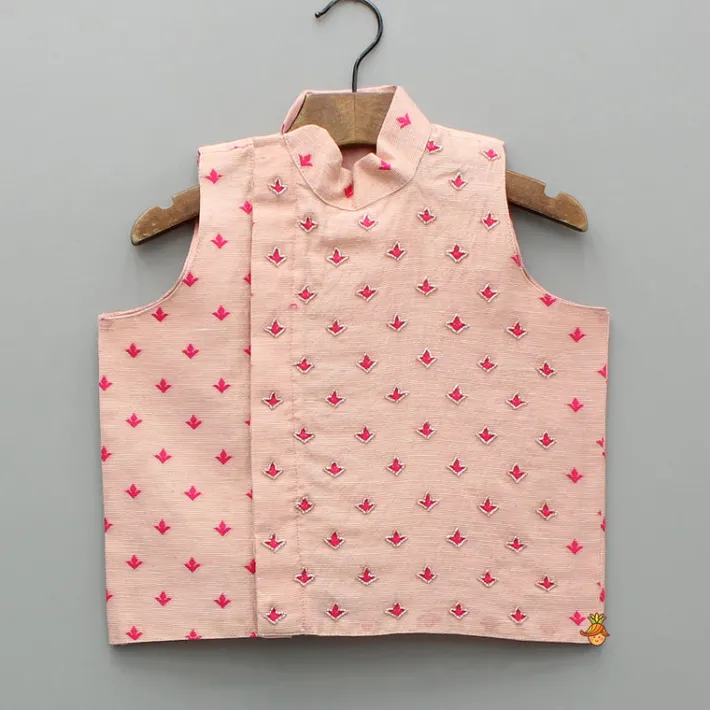 Discount Pink Chanderi Kurta With Stylish Embroidered Jacket And Pyjama BOY Twinning Sets | Indian Ethnic Wear